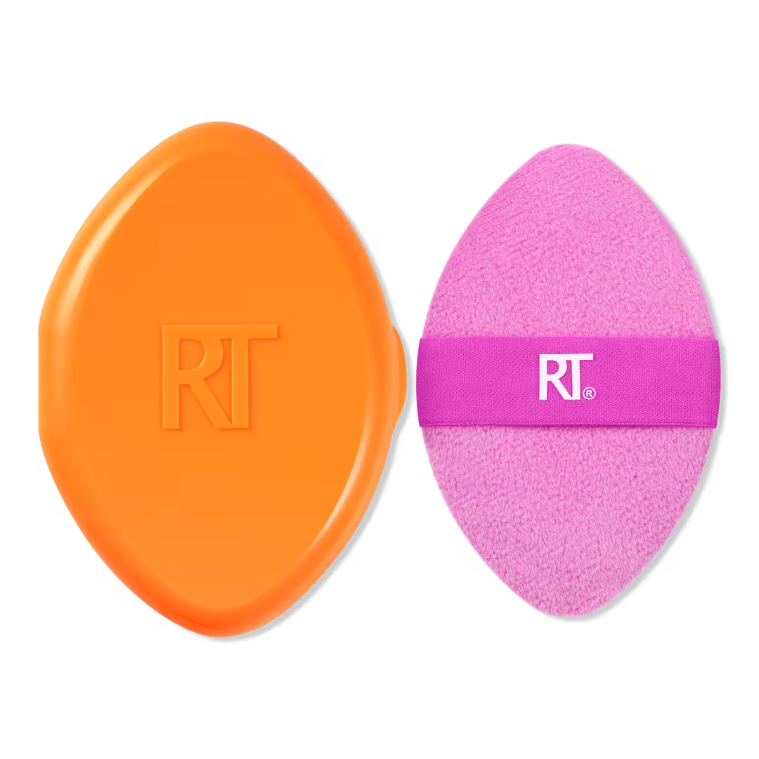 Real Techniques Miracle 2-In-1 Dual-Sided Powder Puff + Travel Case — Borla Doble para Polvos con Estuche