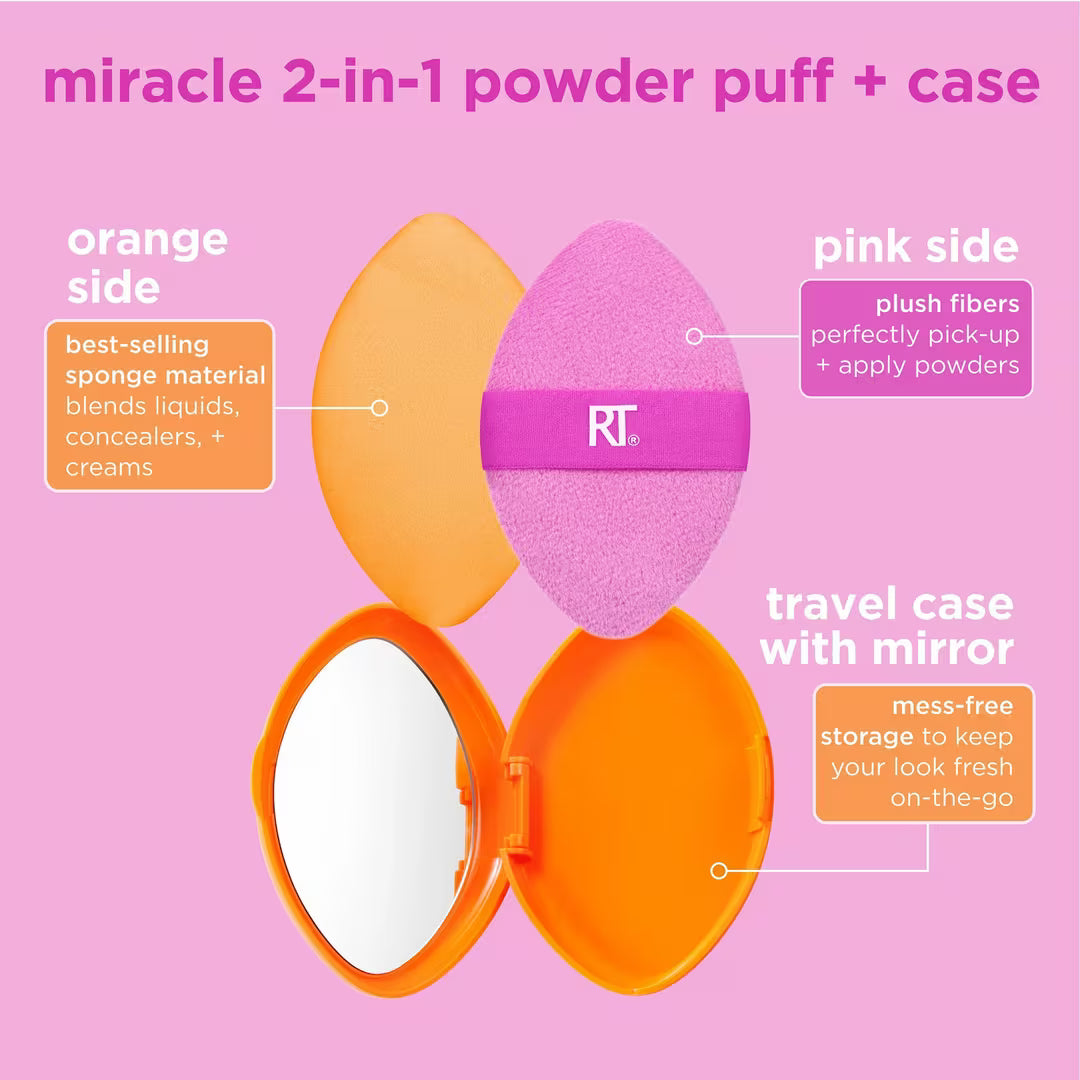Real Techniques Miracle 2-In-1 Dual-Sided Powder Puff + Travel Case — Borla Doble para Polvos con Estuche
