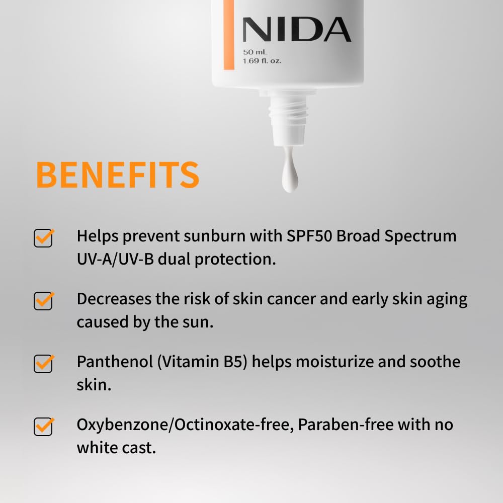NIDA Invisible Fit Sunscreen SPF 50 50ml – Protector Solar Ligero Sin Cast Blanco Para Rostro Y Cuerpo