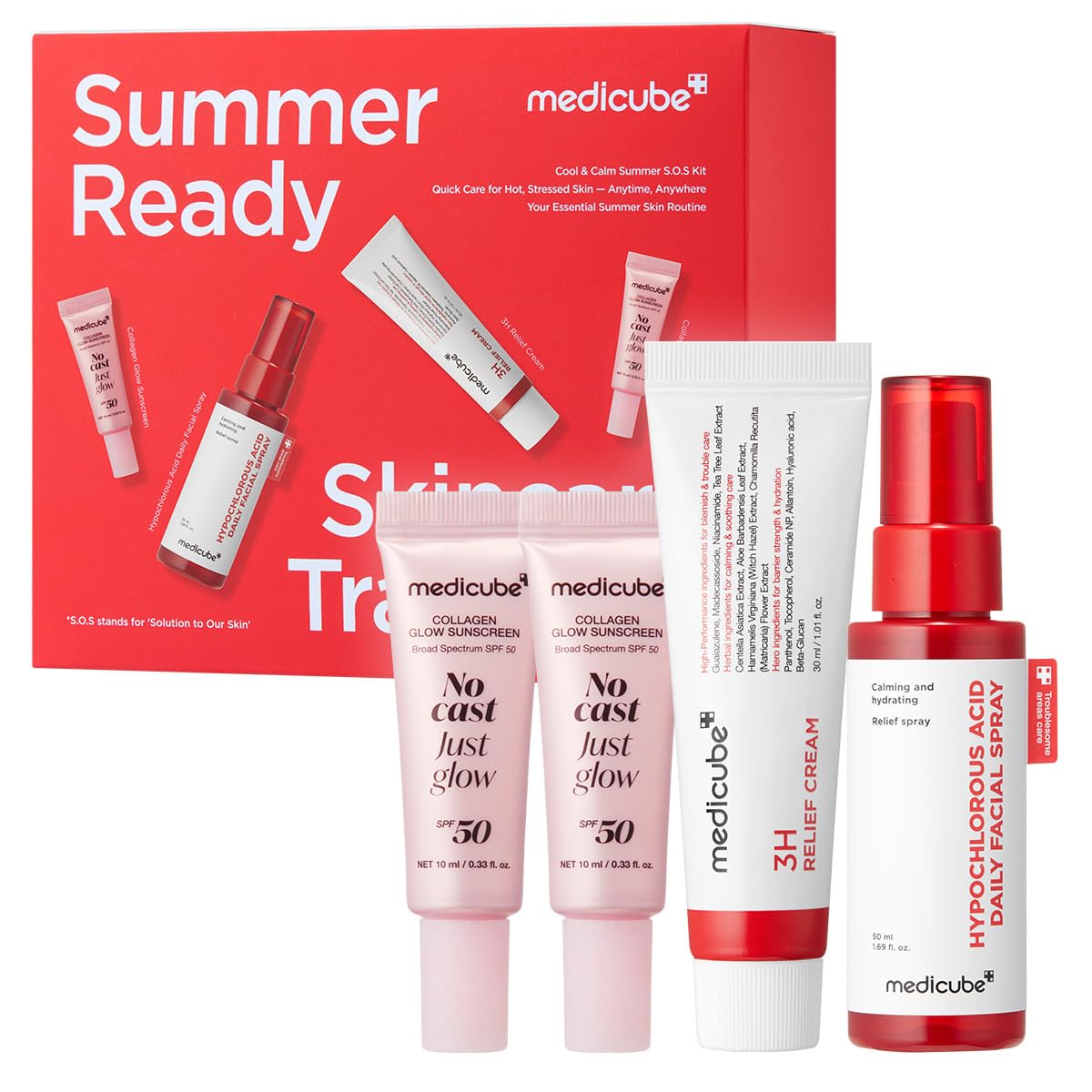 Medicube Summer-Ready Skincare Travel Kit – Set De 4 Piezas Con SPF, Spray HOCl Y Crema Calmante