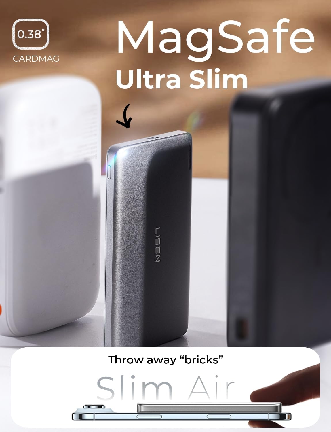 LISEN Batería MagSafe Ultra Delgada 5000mAh Qi2 15W Gris | Cargador Portátil