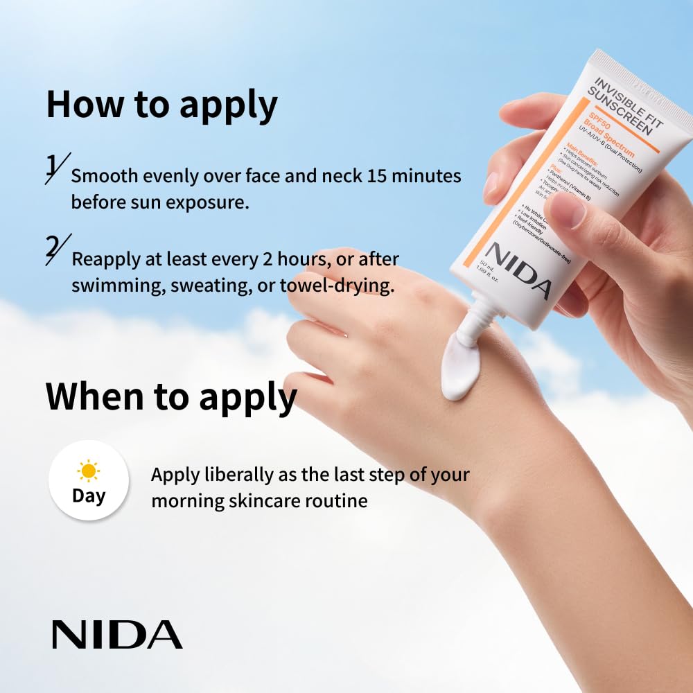 NIDA Invisible Fit Sunscreen SPF 50 50ml – Protector Solar Ligero Sin Cast Blanco Para Rostro Y Cuerpo