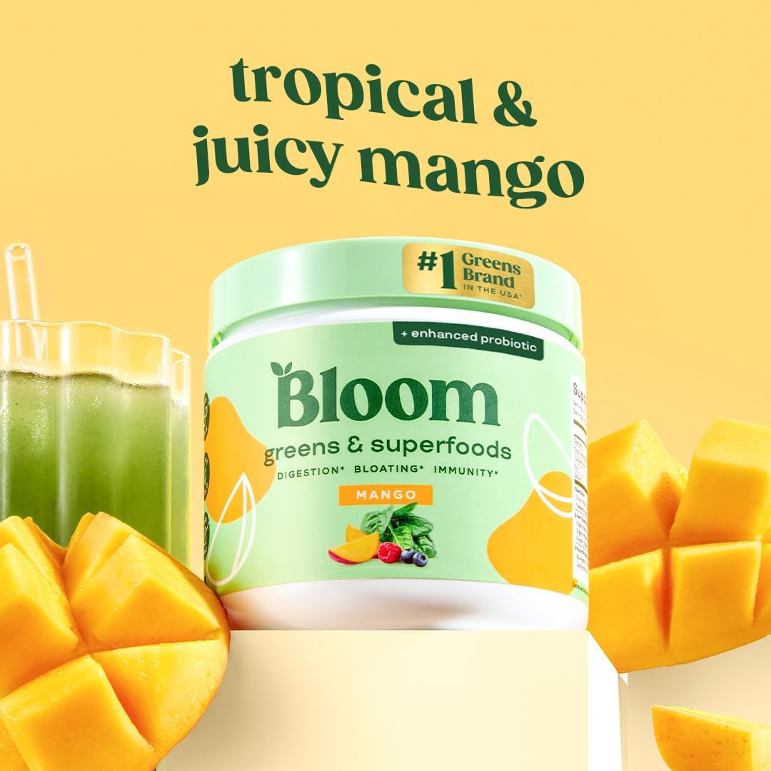 BAJO PEDIDO - Bloom Nutrition Super Greens Sabor Mango – Polvo Con Probióticos, Enzimas Y Superfoods Para La Salud Digestiva (30 Porciones)