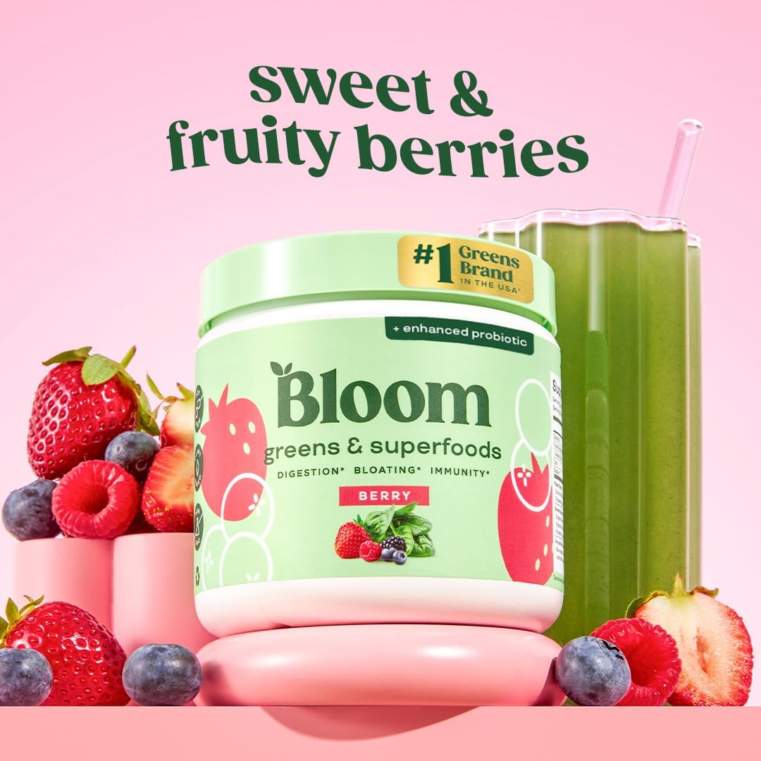Bloom Nutrition Super Greens Powder sabor berry | Superfood Detox con probióticos, enzimas y antioxidantes