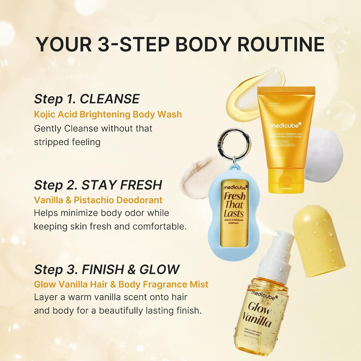 Medicube Fresh Glow Travel Body Kit – Set De Viaje 3 Piezas: Gel De Baño, Desodorante Y Bruma Para Cabello Y Cuerpo