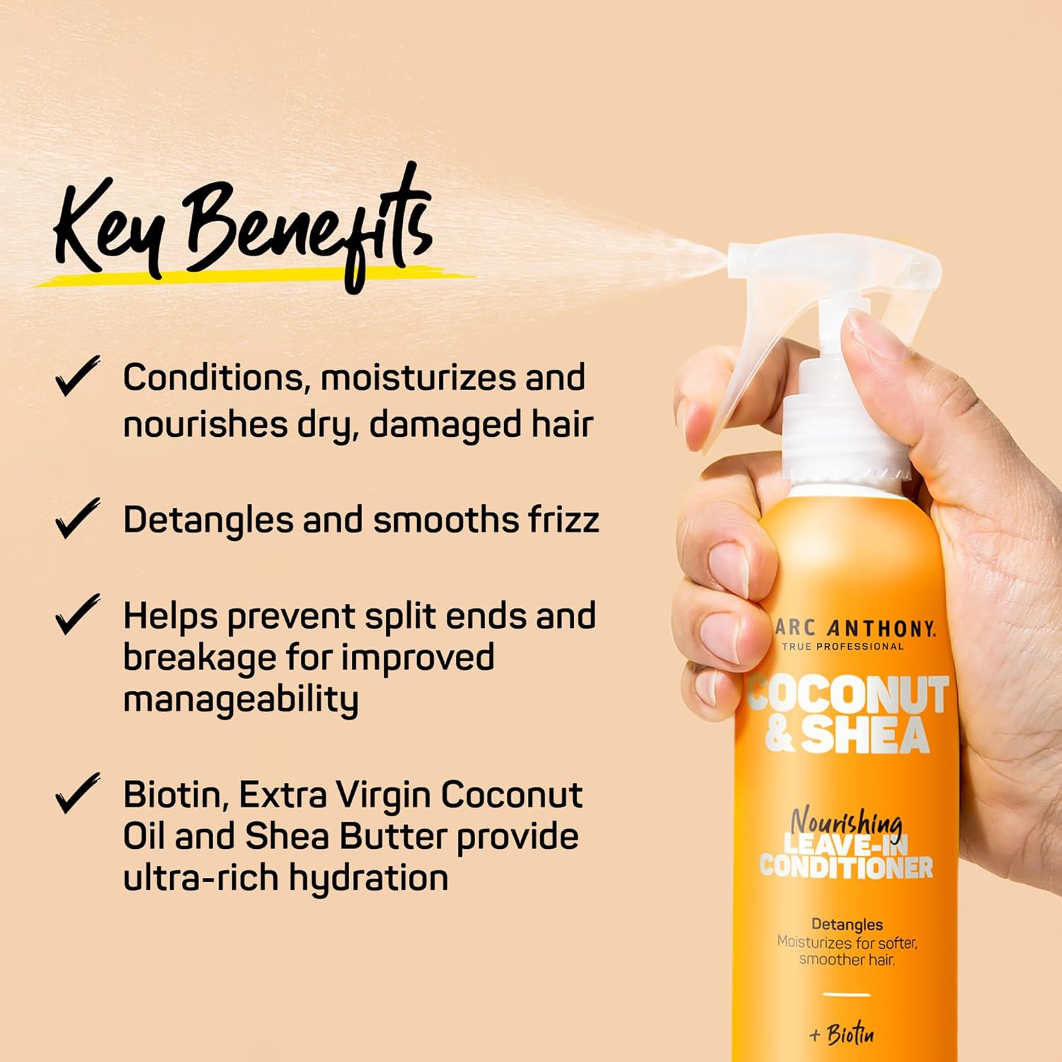 Marc Anthony Coconut & Shea Butter Leave-In Conditioner Spray 250 ML  — Acondicionador Sin Enjuague Con Aceite De Coco Y Manteca De Karité Para Cabello Suave Y Brillante