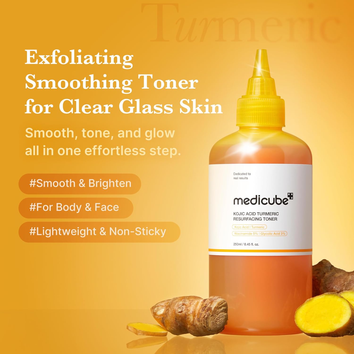 MEDICUBE Kojic Acid Turmeric Smoothing Toner Tónico Exfoliante Iluminador Para Rostro Y Cuerpo 250 ml