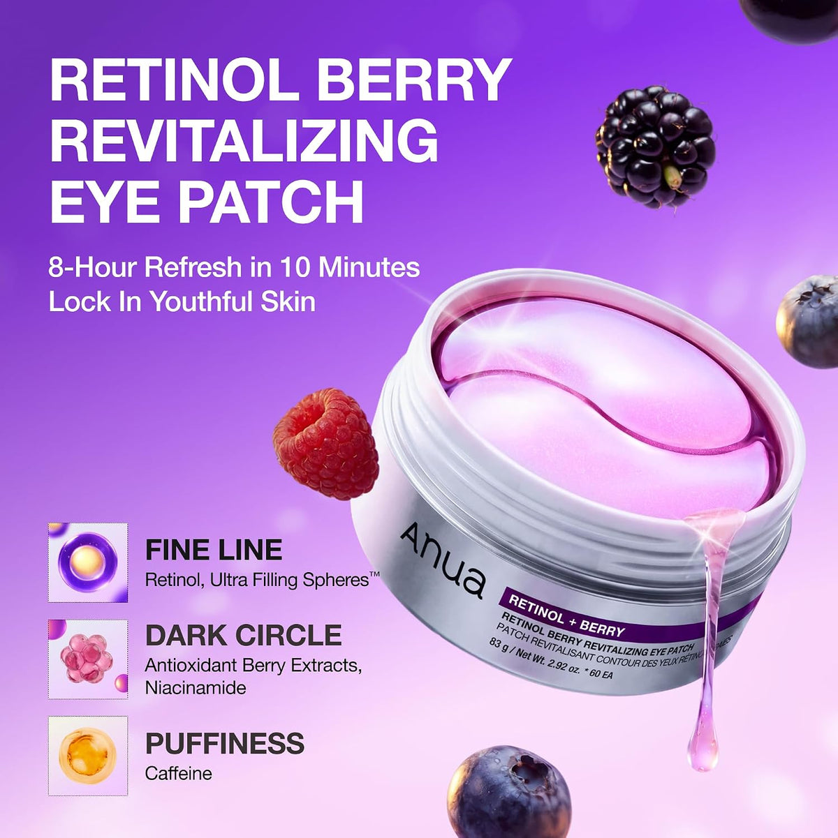 Anua Retinol Berry Revitalizing Eye Patch 83g (60 Parches) – Parches Hidrogel Antiedad Con Retinol Y Arándano