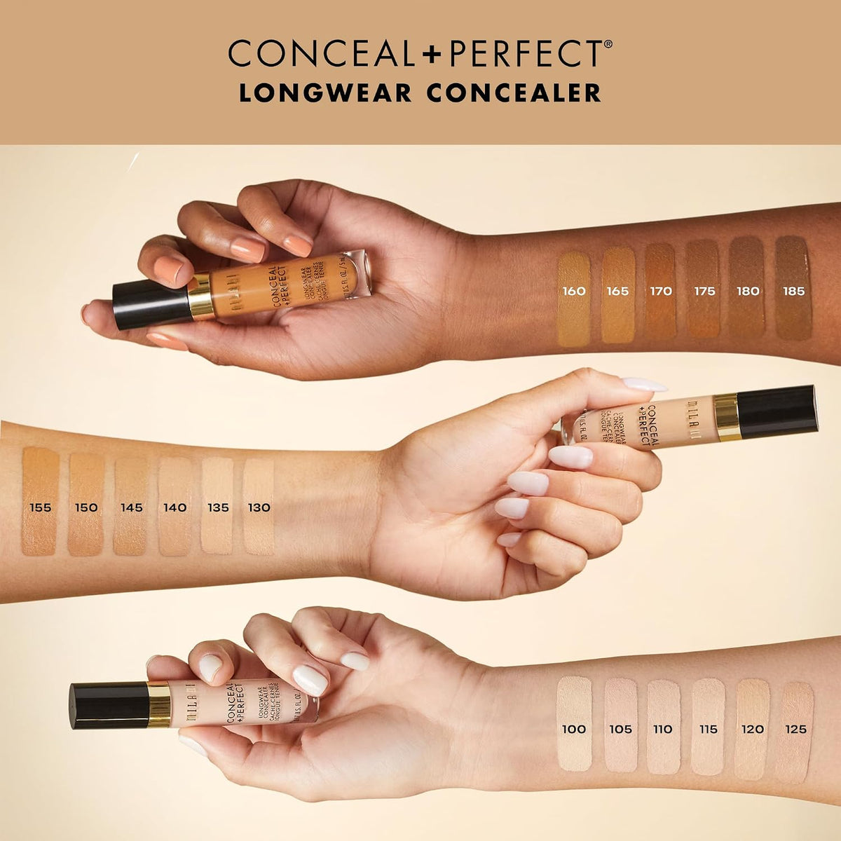 Milani Conceal + Perfect Longwear Concealer Medium Beige – Corrector Líquido Cobertura Total 12H Con Ácido Hialurónico