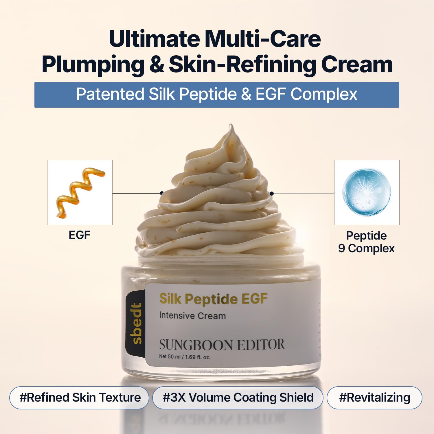 SUNGBOON EDITOR Silk Peptide EGF Cream Crema Facial Antiedad Con Péptidos De Cobre Volufiline Y Complejo De Péptidos Patentado K-Beauty