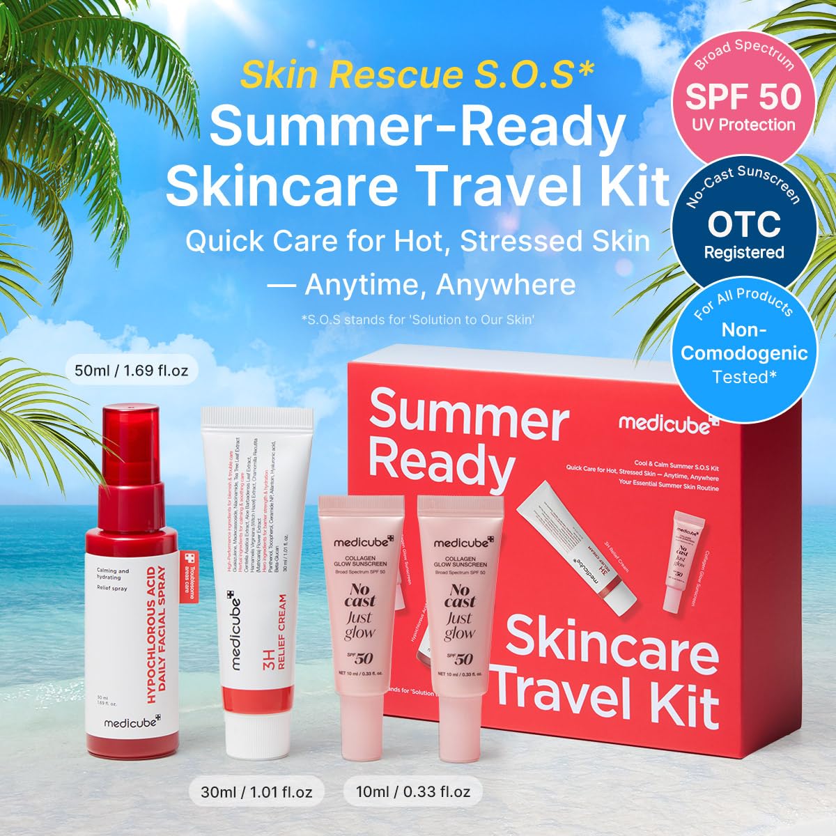Medicube Summer-Ready Skincare Travel Kit – Set De 4 Piezas Con SPF, Spray HOCl Y Crema Calmante