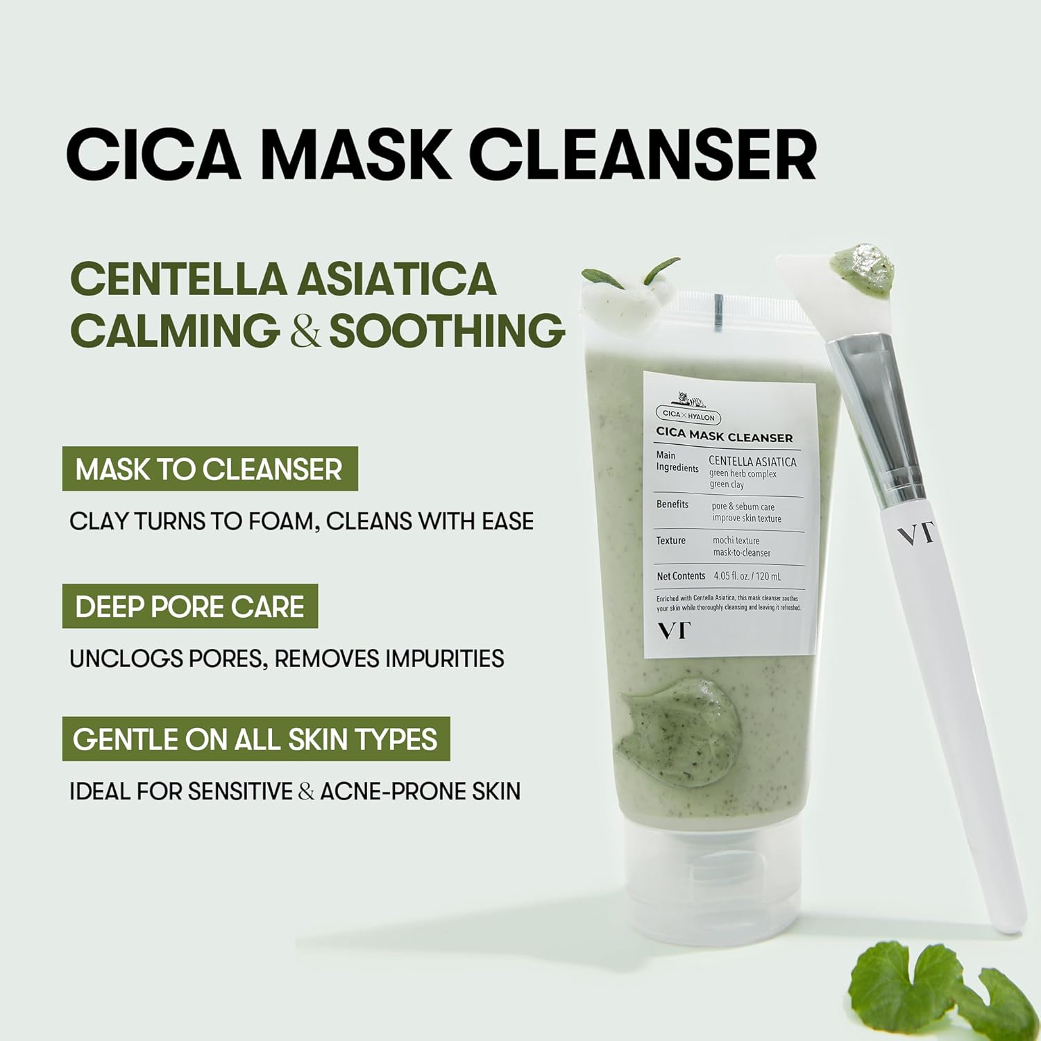 VT Cosmetics Cica Limpiador De Máscara Con Cepillo 2 En 1 | Mascarilla De Arcilla Suave Y Limpiador Facial Para Piel Sensible