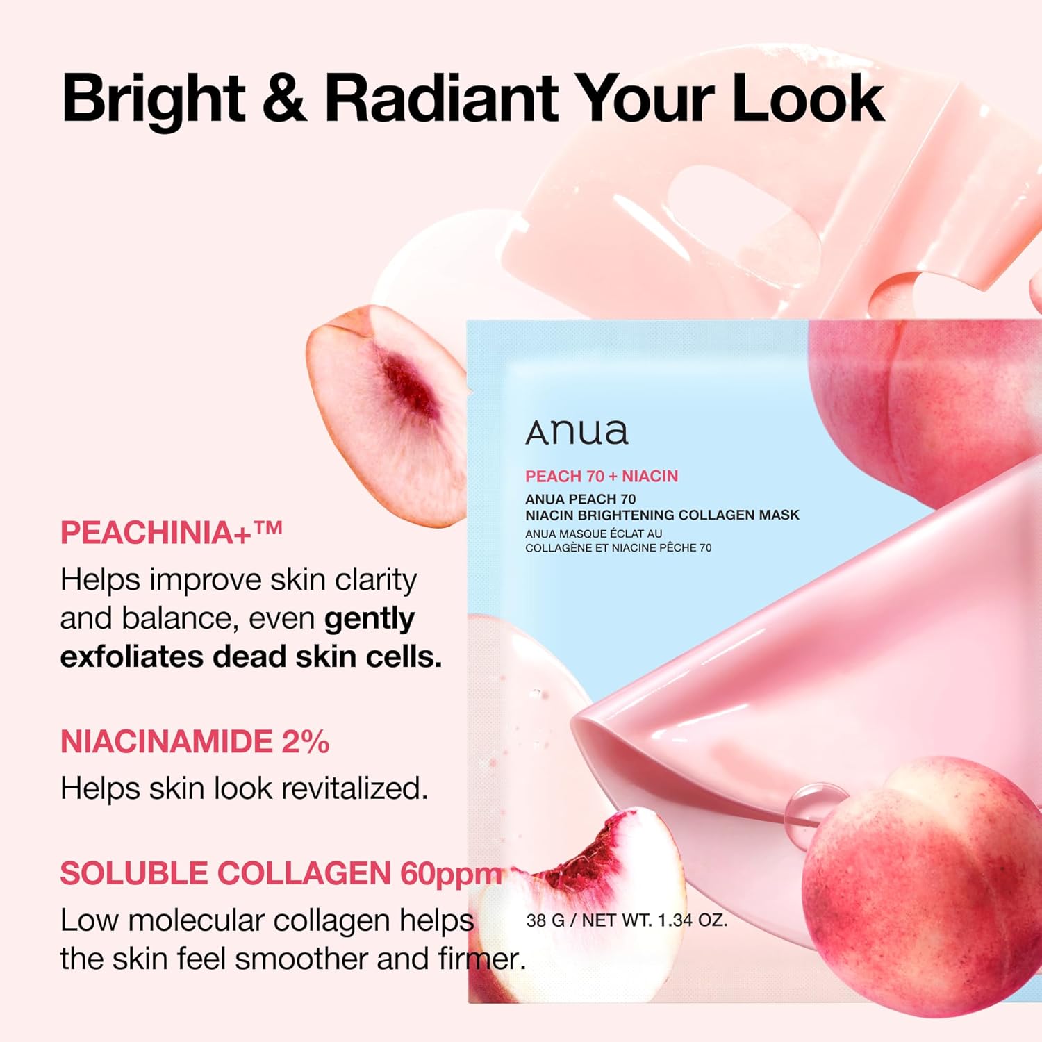 ANUA Peach 70 Niacin Brightening Collagen Mask — Mascarilla Facial Iluminadora con Niacinamida y Extracto de Durazno