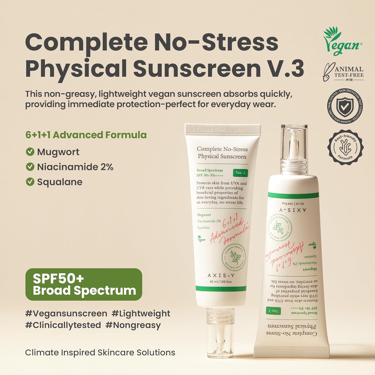 AXIS-Y Complete No-Stress Physical Sunscreen V3 — Protector Solar Mineral SPF50 Con 2% Niacinamida y Caléndula