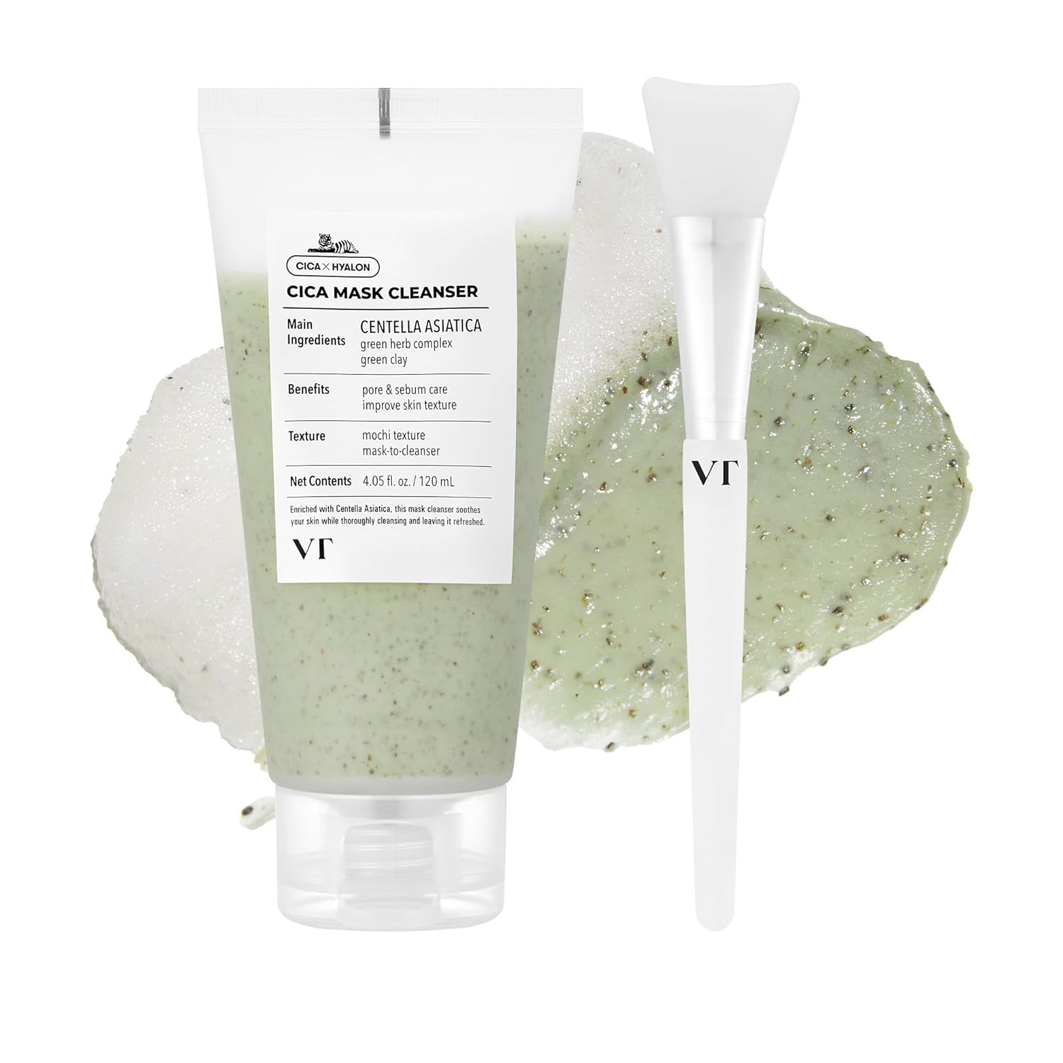 VT Cosmetics Cica Limpiador De Máscara Con Cepillo 2 En 1 | Mascarilla De Arcilla Suave Y Limpiador Facial Para Piel Sensible