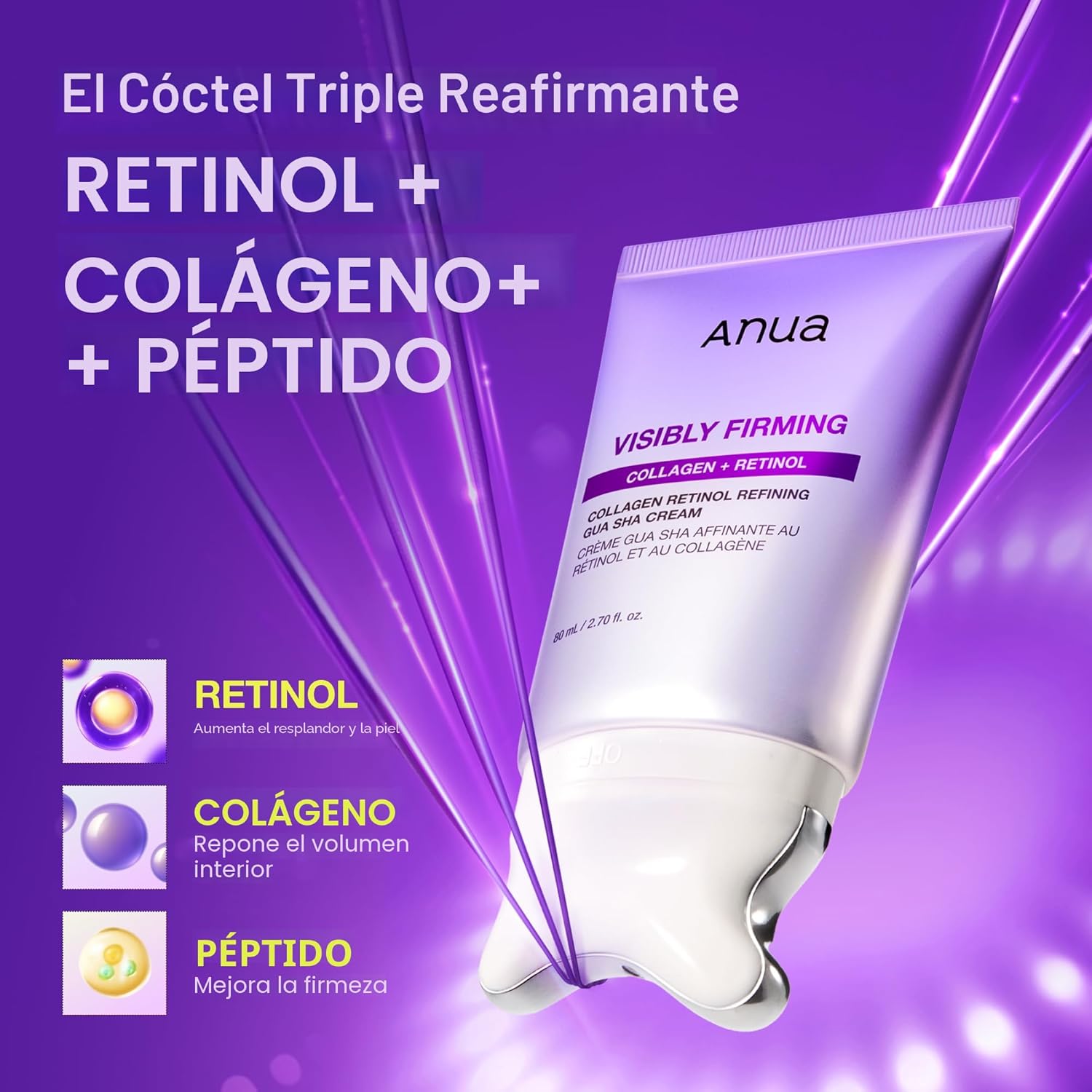 ANUA Visibly Firming Collagen Retinol Refining Gua Sha Cream Crema Facial Reafirmante Con Colágeno, Retinol y Aplicador Gua Sha 80 ml