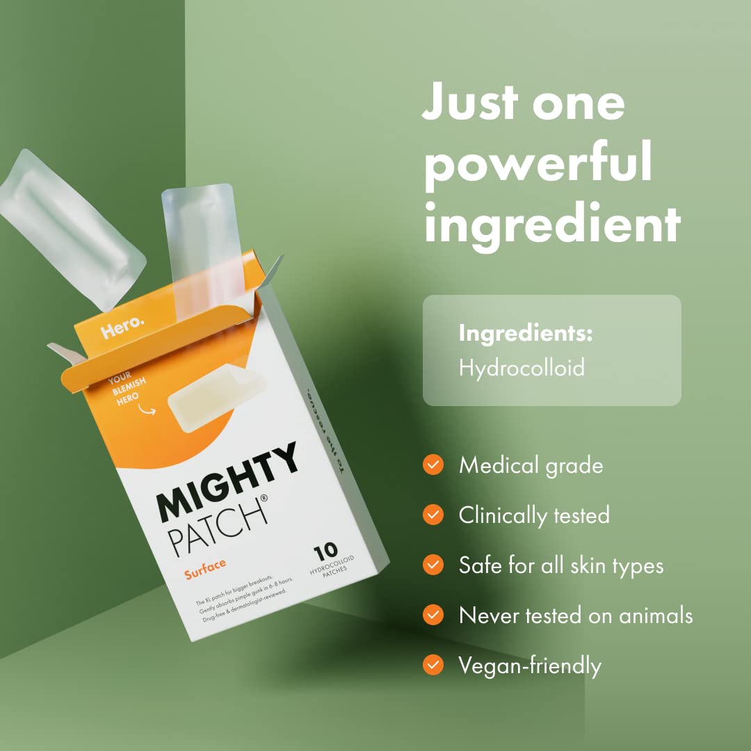 Mighty Patch Hero Cosmetics - Parche de superficie hidrocoloide grande para cuerpo, mejillas, frente y barbilla (10 unidades) image 1