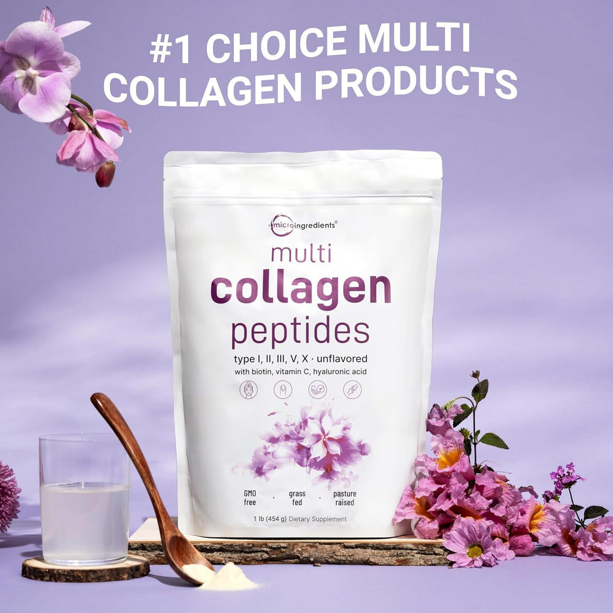 Micro Ingredients Multi Collagen Peptides Powder – Colágeno Hidrolizado Con Biotina Y Vitamina C 1 LB