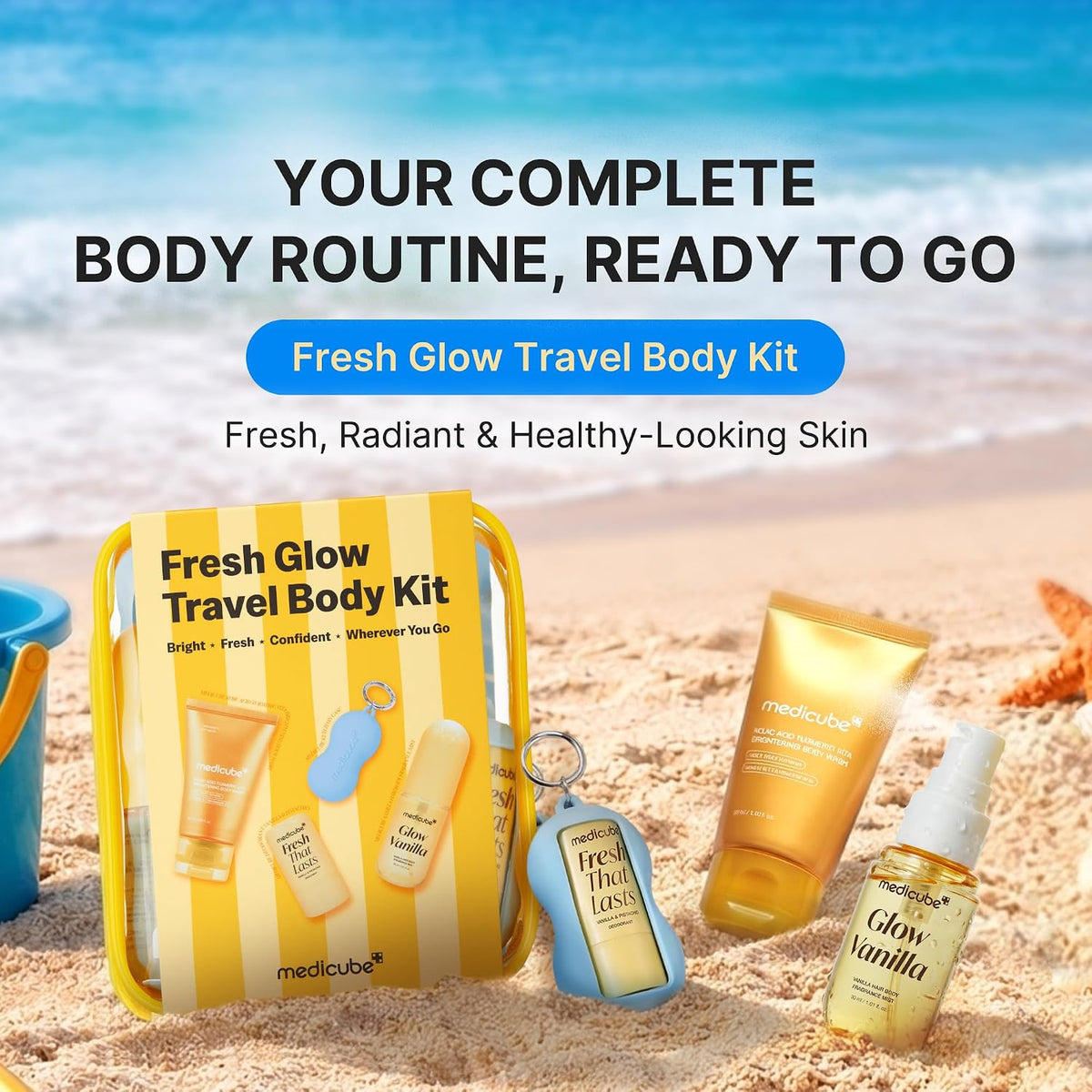 Medicube Fresh Glow Travel Body Kit – Set De Viaje 3 Piezas: Gel De Baño, Desodorante Y Bruma Para Cabello Y Cuerpo