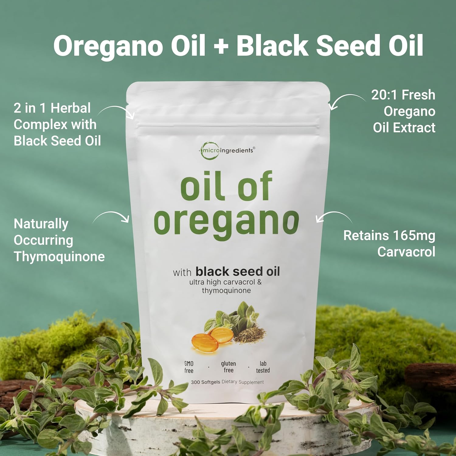Micro Ingredients Aceite de Orégano + Semilla Negra – Cápsulas Blandas Veganas 2 en 1 (300 Unidades)