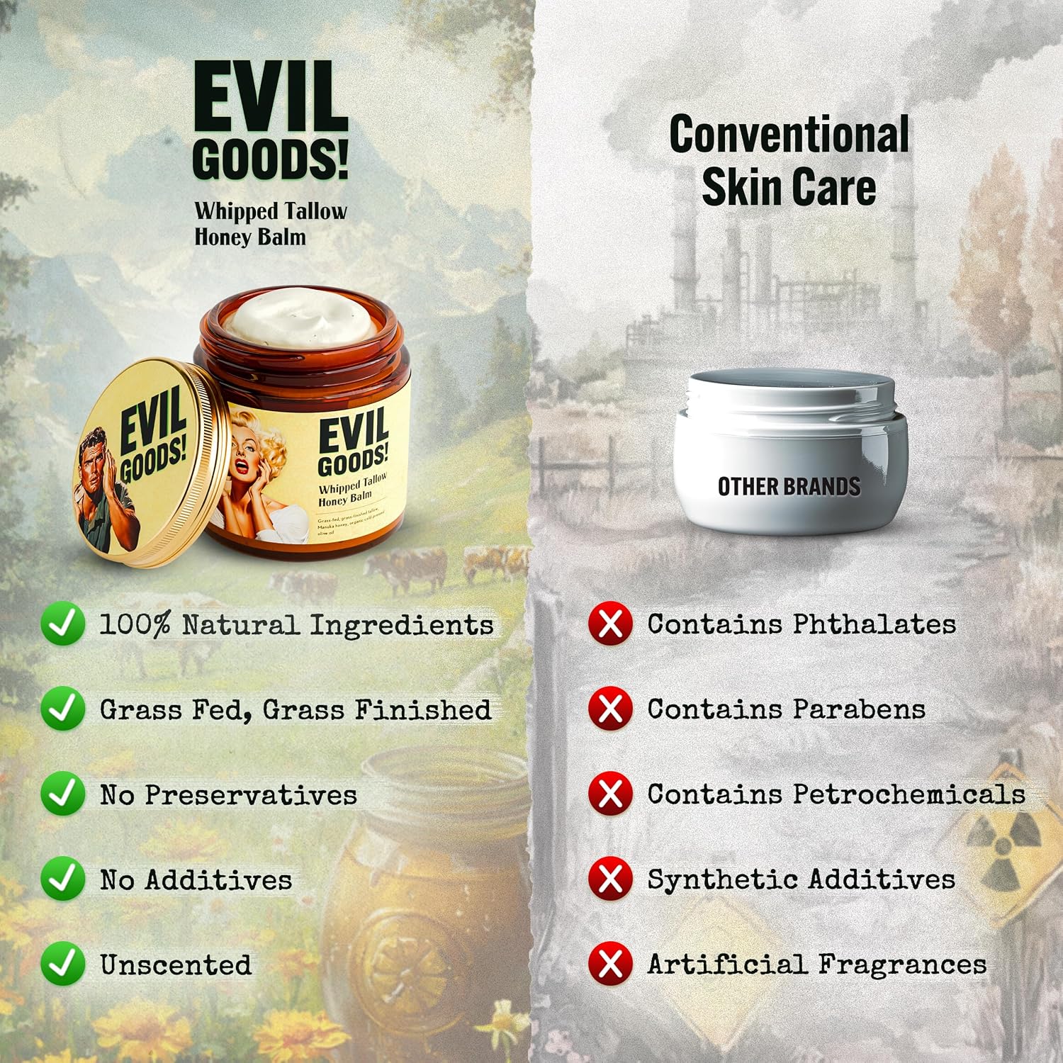 Evil Goods Unscented Whipped Tallow Honey Balm Bálsamo Hidratante Batido con Sebo y Miel Sin Fragancia Mini 2 oz