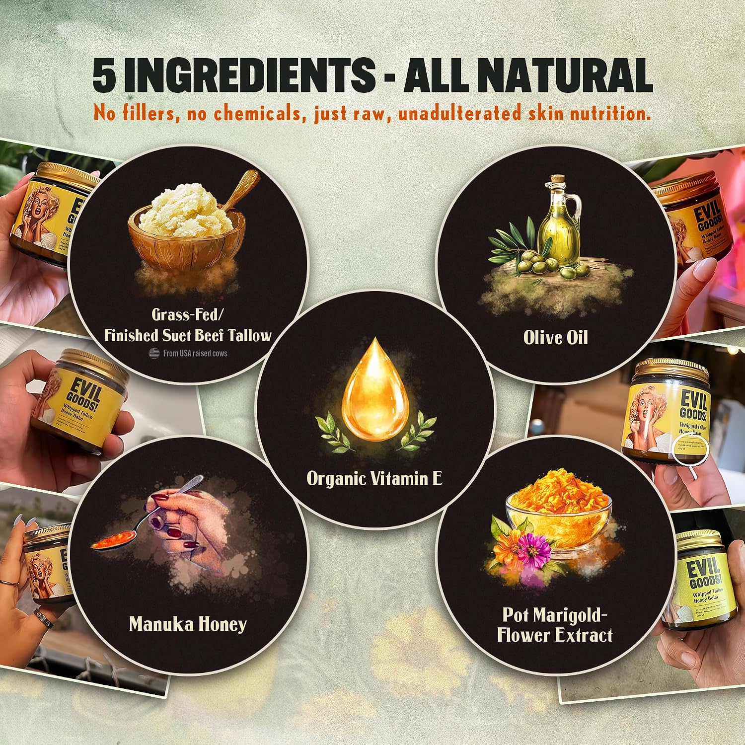 Evil Goods Unscented Whipped Tallow Honey Balm Bálsamo Hidratante Batido con Sebo y Miel Sin Fragancia Mini 2 oz
