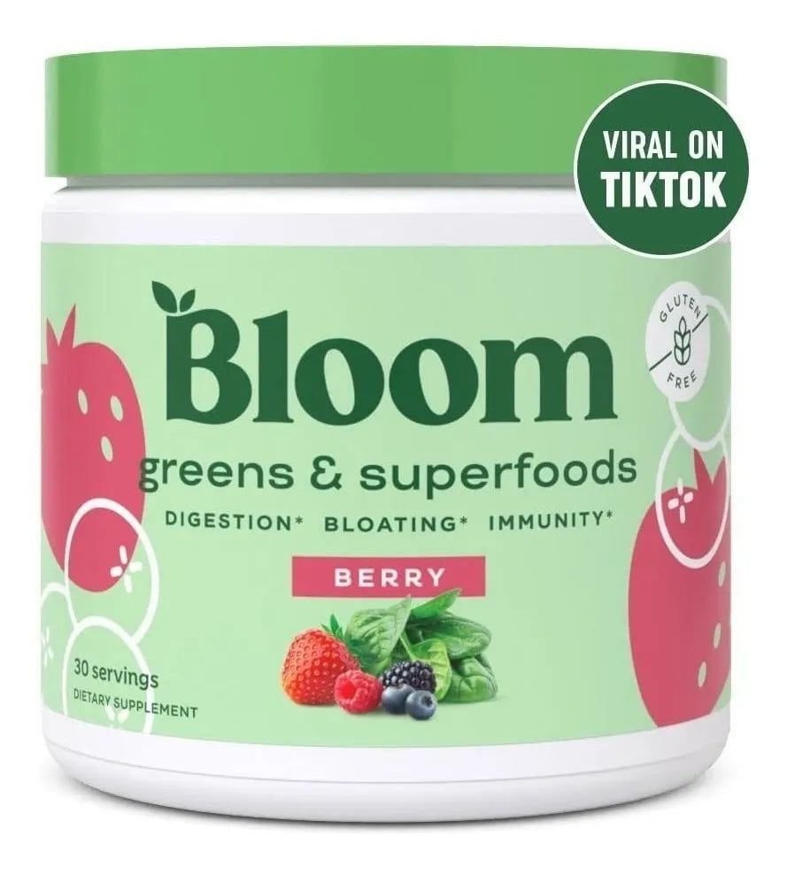 Bloom Nutrition Super Greens Powder sabor berry | Superfood Detox con probióticos, enzimas y antioxidantes