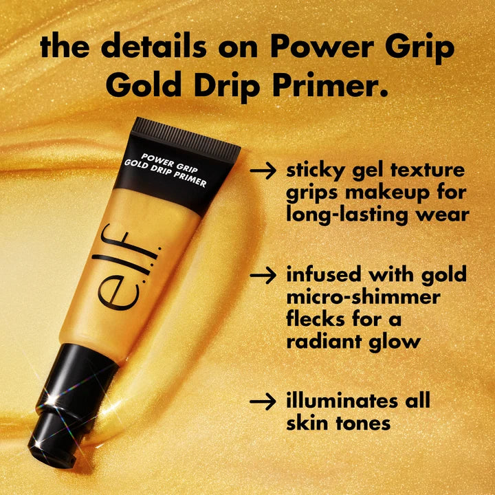 ELF Power Grip Gold Drip Primer – Primer En Gel Con Brillo Dorado Con Niacinamida Y Ácido Hialurónico