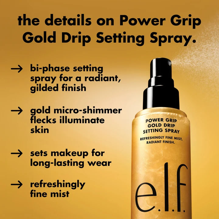 ELF Power Grip Gold Drip Setting Spray – Spray Fijador Bifásico Con Destellos Dorados Y Aloe 80 ML