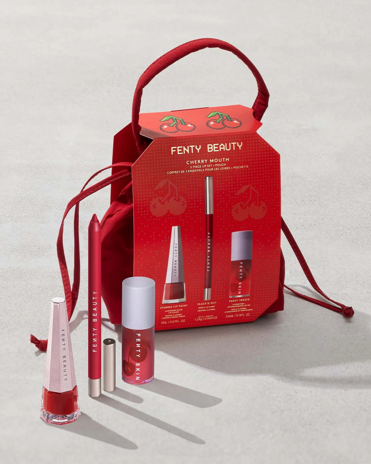 Fenty Beauty Cherry Mouth 3-Piece Lip Set + Pouch | Set De 3 Productos Para Labios Con Estuche