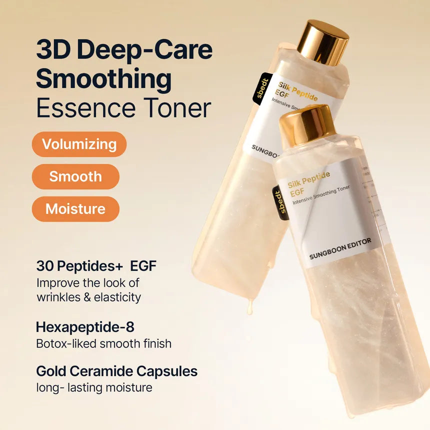 Sungboon Editor Silk Peptide EGF Intensive Smoothing Toner – Tónico Antiedad Con Cápsulas De Ceramida Dorada 300 ML