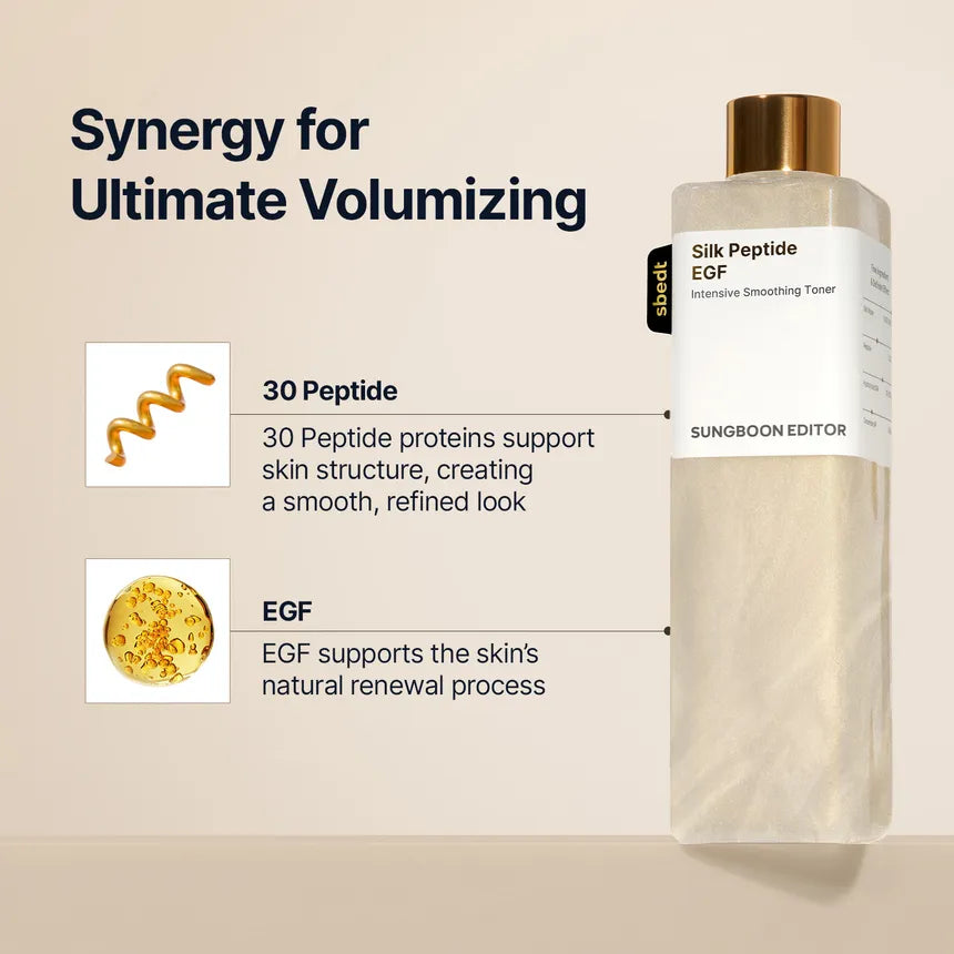 Sungboon Editor Silk Peptide EGF Intensive Smoothing Toner – Tónico Antiedad Con Cápsulas De Ceramida Dorada 300 ML