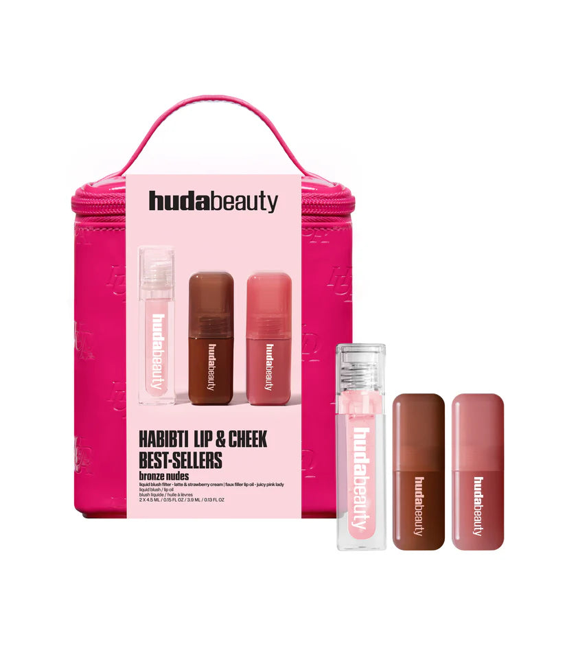 HUDA BEAUTY Habibti Lip And Cheek Best Sellers Kit Set De Rubores Líquidos Y Aceite Labial