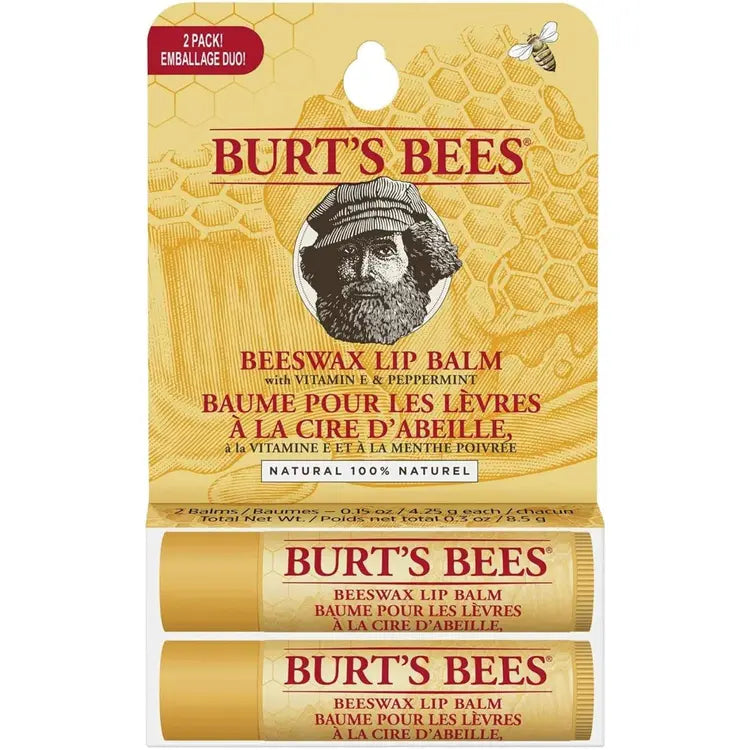 Burt’s Bees Beeswax Lip Balm Duo Pack – Bálsamo Labial 100% De Origen Natural Con Cera De Abeja, Vitamina E Y Menta (2 Unidades)