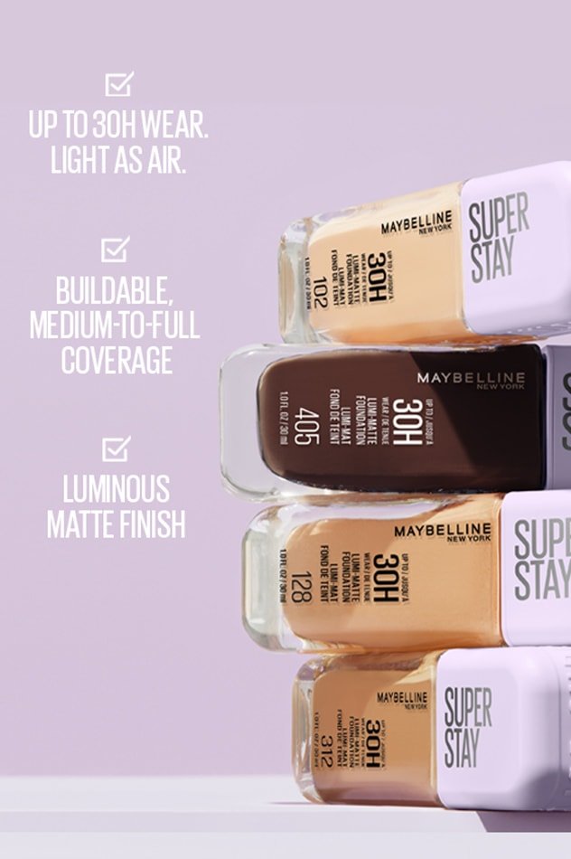 MAYBELLINE Super Stay Lumi-Matte Foundation — Base De Larga Duración Con Acabado Lumi-Mate y Alta Cobertura