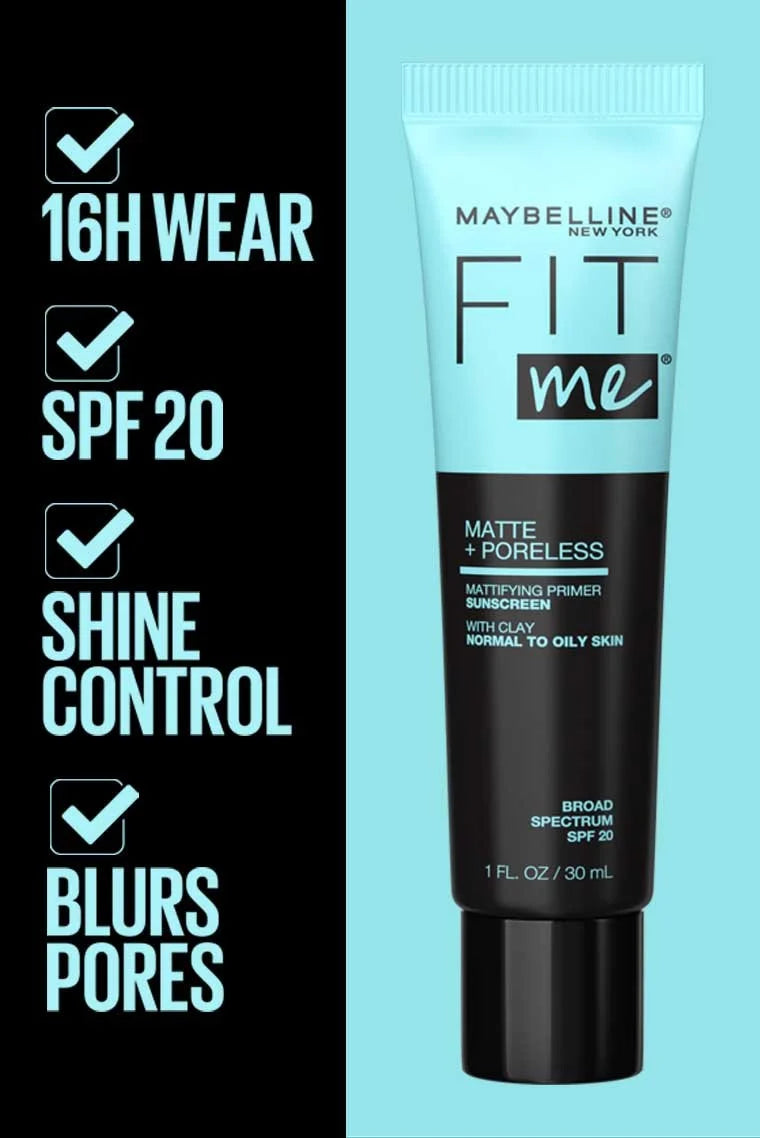 Maybelline Fit Me Matte + Poreless Primer SPF 20 – Primer Facial Matificante Con Arcilla Kaolin Para Piel Grasa 30 ML