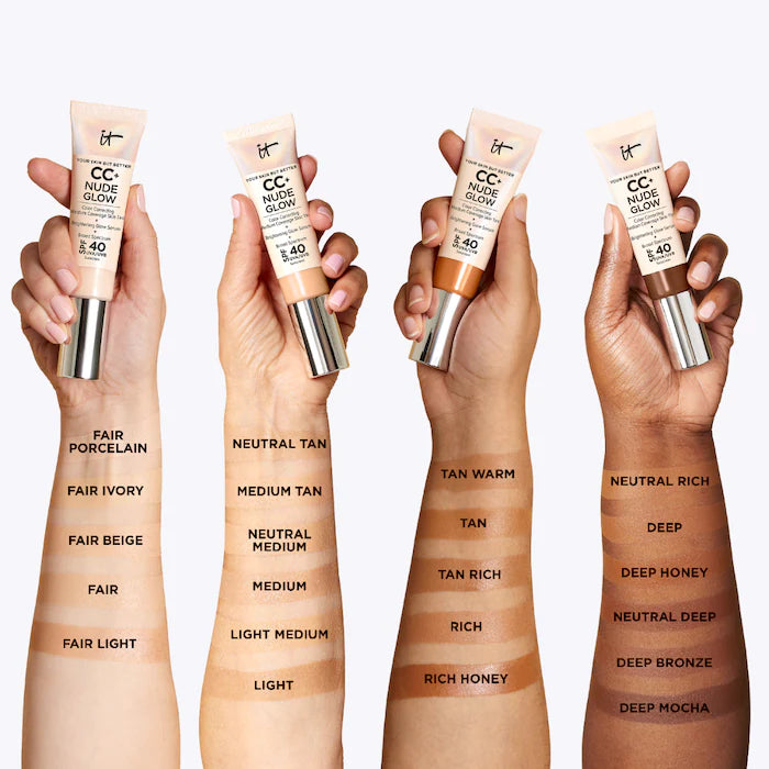BAJO PEDIDO - IT Cosmetics CC+ Nude Glow Lightweight Foundation + Glow Serum with SPF 40 and Niacinamide — Base Ligera Con Suero Iluminador, Protección Solar Y Niacinamida