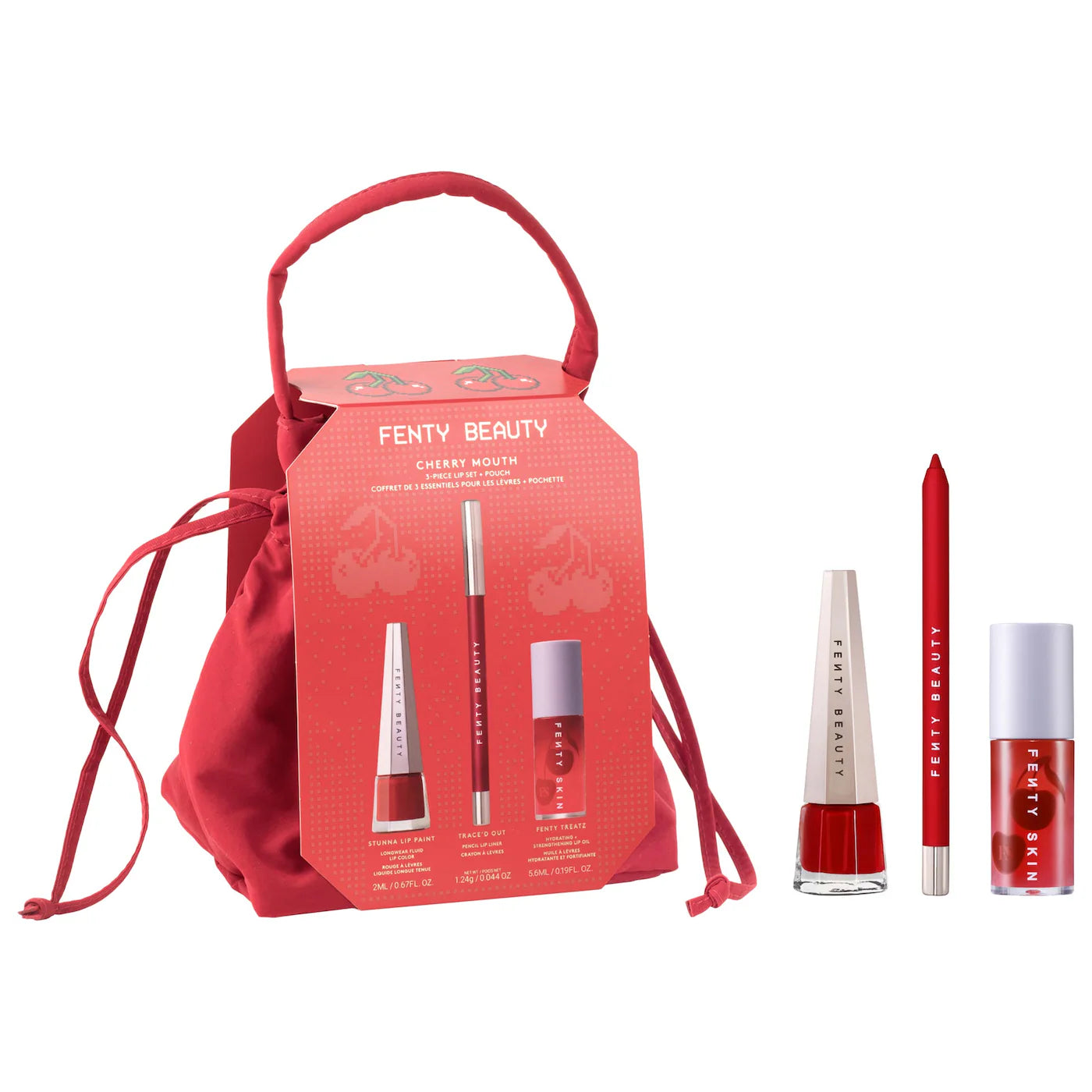 BAJO PEDIDO - Fenty Beauty Cherry Mouth Lip Set + Pouch | Set Labial Cherry
