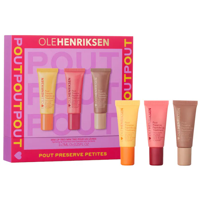 BAJO PEDIDO - OLEHENRIKSEN Pout Preserve Petites Mini Lip Trio — Set De Mini Bálsamos Labiales Hidratantes Con Péptidos y Brillo Natural