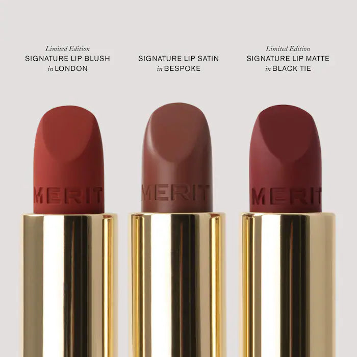 SALE BAJO PEDIDO - MERIT x Erdem Signature Lip Gift Set – Trío De 3 Labiales Mate, Blush Y Satinado Edición Limitada