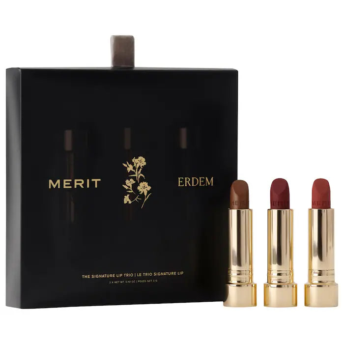 SALE BAJO PEDIDO - MERIT x Erdem Signature Lip Gift Set – Trío De 3 Labiales Mate, Blush Y Satinado Edición Limitada