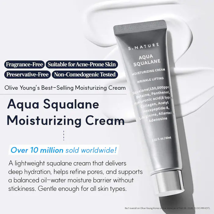 BAJO PEDIDO - S.Nature Aqua Squalane Moisturizing Cream – Crema Facial Ligera Con 150,000ppm De Escualano Y 8 Tipos De Ácido Hialurónico 60 ML