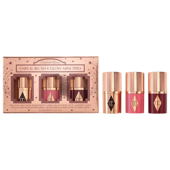 BAJO PEDIDO - Charlotte Tilbury Mini Unreal Blush + Glow Trio – Set De 3 Sticks Mini De Rubor E Iluminador Con Colageno Y Ácido Hialurónico