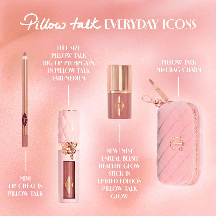 SALE BAJO PEDIDO - Charlotte Tilbury Pillow Talk Everyday Icons Lip & Cheek Makeup Gift Set – Set De 3 Productos Con Mini Bolsa Edición Limitada
